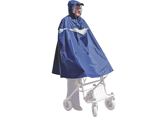 Regenponcho für Rollatorfahrer mit Kapuze, dunkelblau mit Reflektorstreifen, ohne Ärmel