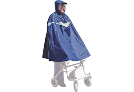 Regenponcho für Rollatorfahrer mit Kapuze, dunkelblau mit Reflektorstreifen, ohne Ärmel