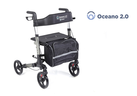 Reiserollator Oceano 2.0, grau mit Rückengurt, Tasche und Stockhalter