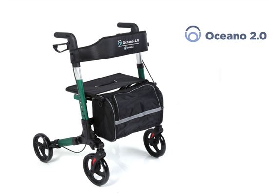 Reiserollator Oceano 2.0, grün mit Rückengurt, Tasche und Stockhalter