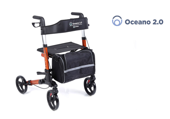 Reiserollator Oceano 2.0, orange mit Rückengurt, Tasche und Stockhalter