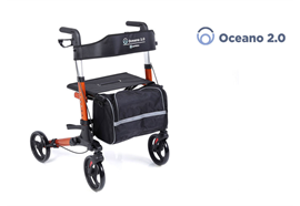 Reiserollator Oceano 2.0, orange mit Rückengurt, Tasche und Stockhalter