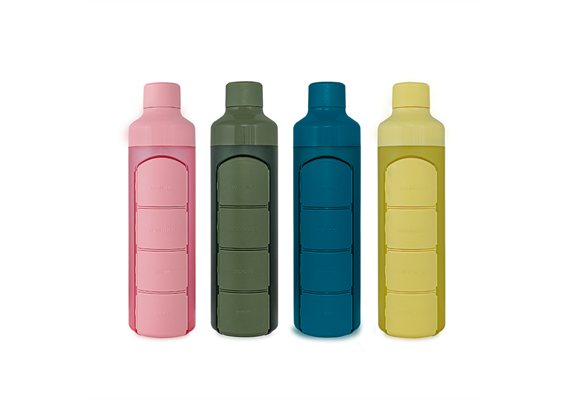 Trinkflasche mit Tablettendispenser, gelb mit 4 Pillen-Fächer
